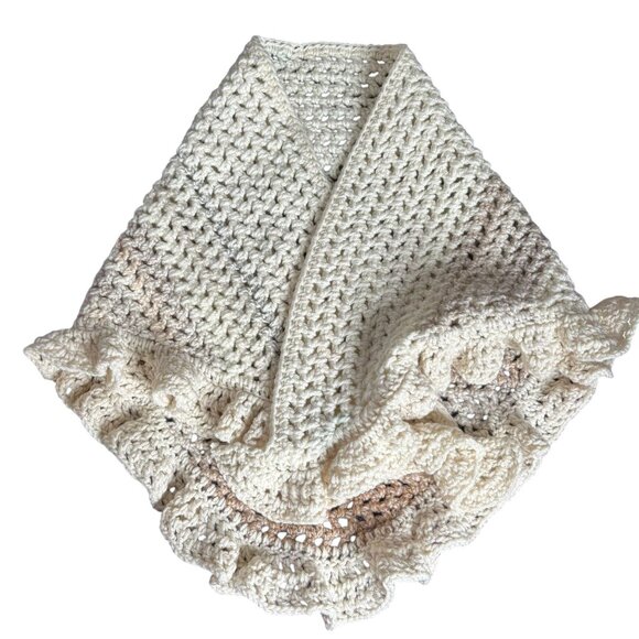 Handmade Beige Tan Cream Crochet Knit Shawl Wrap With Ruffled Edges Soft NEW - Picture 1 of 4